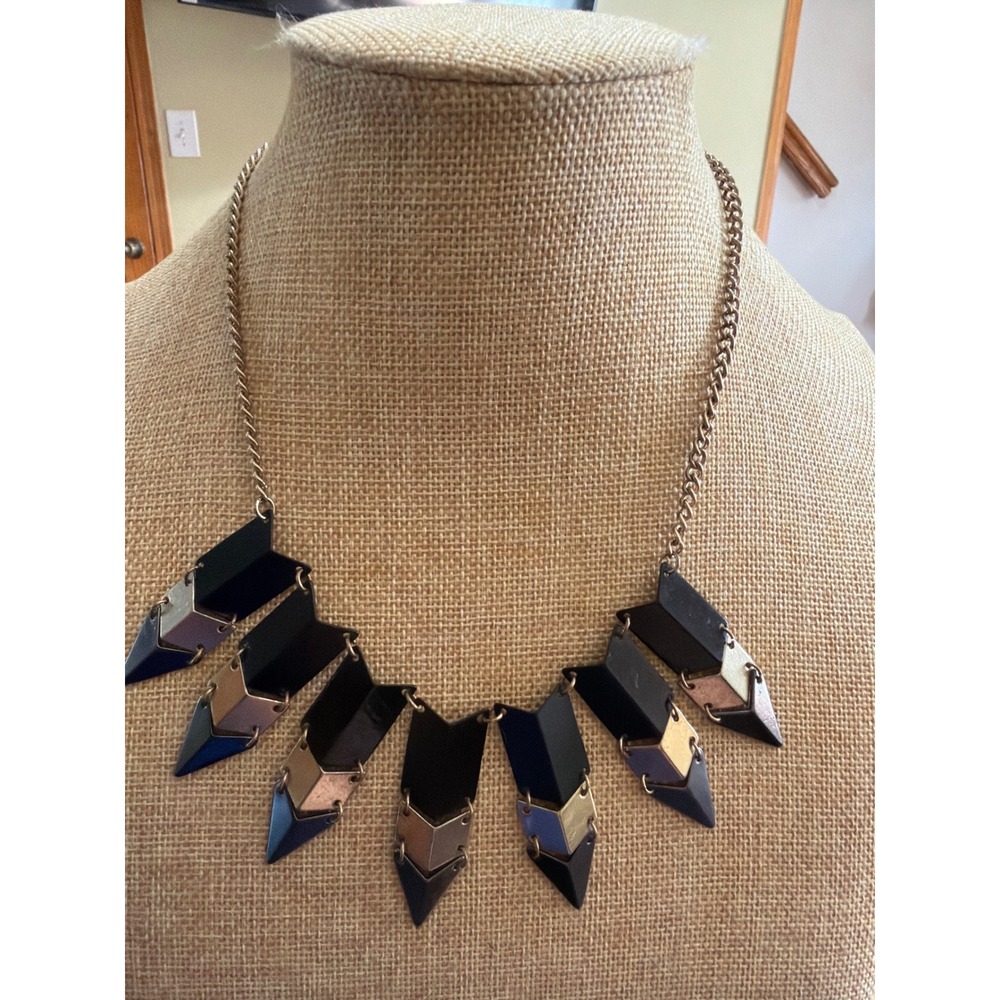 Geometric Bib Statement Necklace Black Silver Gunmetal Chevron Tiered Art Etc!